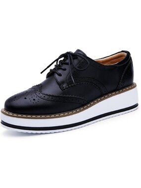 Women's Black Round Toe Lace Up Leather Oxford Shoes Wingtip White Platform